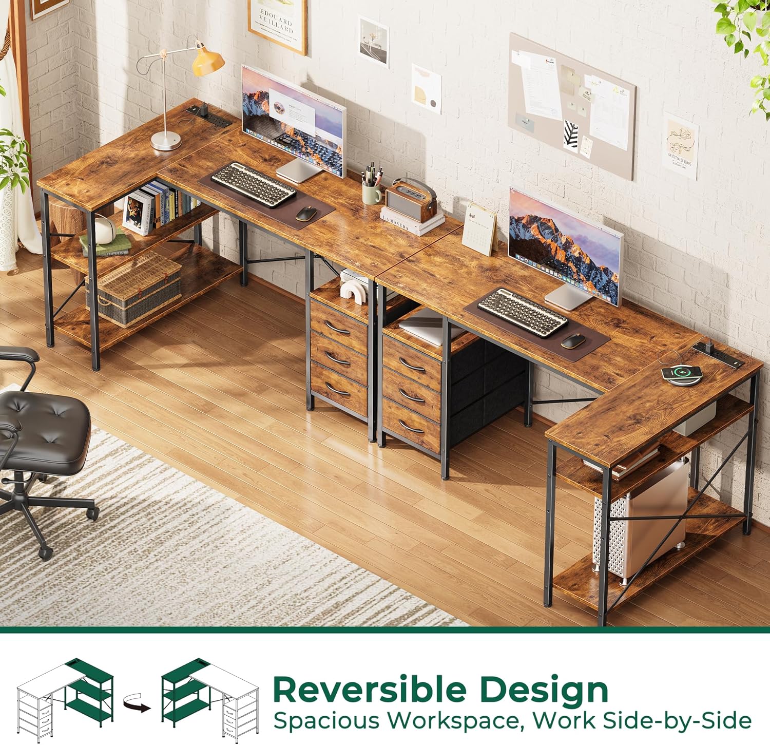 Huuger L Shaped Office Desk with Power Outlets, 47 Inch Computer Desk with 3 Drawers, Shelves, for Gaming, Corner Work, Home Office, Study, Rustic Brown