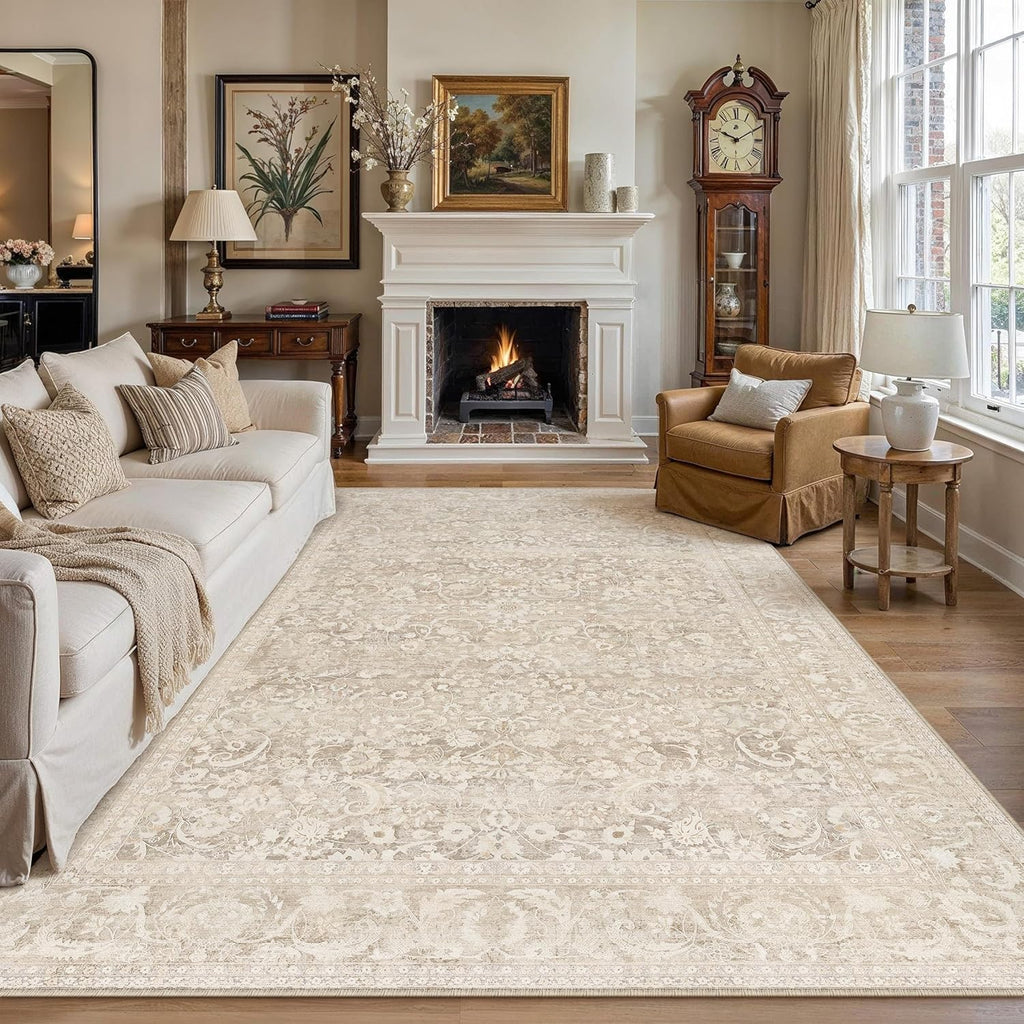 8x10 Area Rug for Living Room, Ultra Soft Washable Rugs for Bedroom, Non-Slip Indoor Large Carpet, Low-Pile Floral Accent Rug for Dining Room, Office & Home Decor Beige
