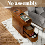 Solid Wood End Table with Charging Station, No Assembly Required Narrow Sofa Side Table for Living Room, Vintage Slim Nightstand Bedside Table (2 Drawers, Brown, 1Pc)