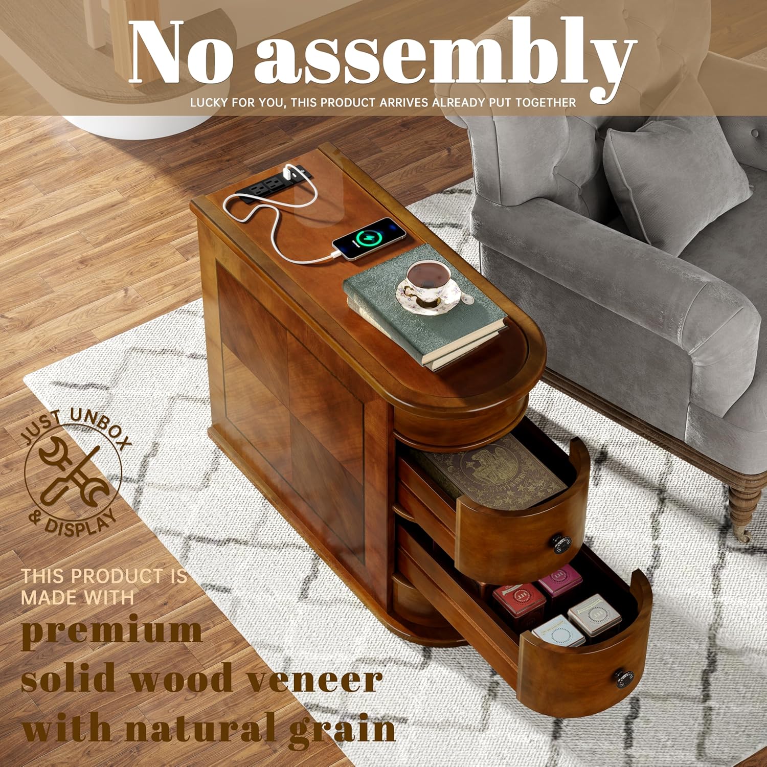 Solid Wood End Table with Charging Station, No Assembly Required Narrow Sofa Side Table for Living Room, Vintage Slim Nightstand Bedside Table (2 Drawers, Brown, 1Pc)