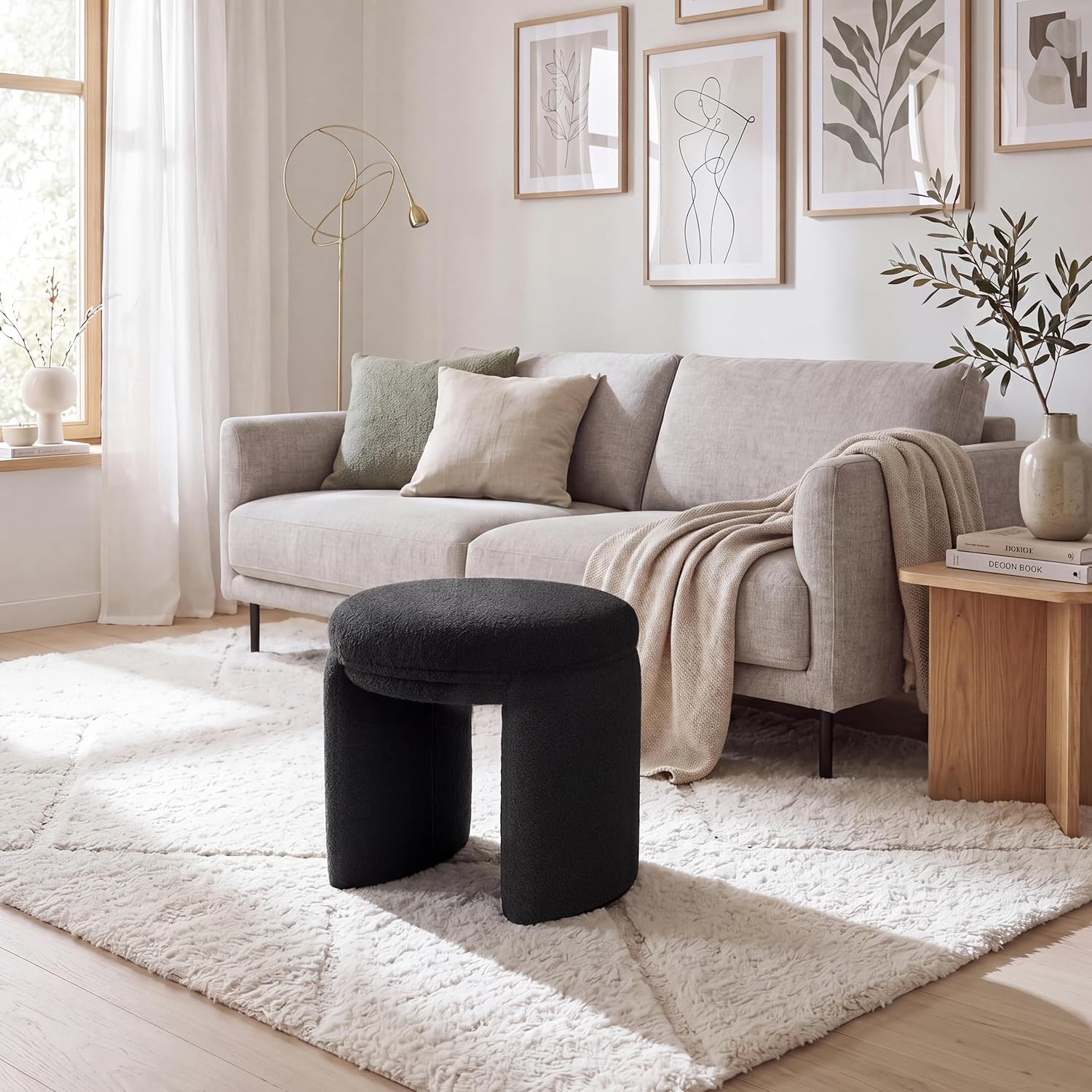 Boucle Ottoman, Round Sherpa Vanity Stool Chair, Small Upholstered Modern Teddy Footstool for Makeup, Living Room, Entryway, Bedroom,Black