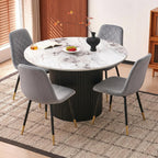 White Round Dining Table Set for 4, Modern Mid Century Wooden Kitchen & Dining Room Table Set, 5 Piece Space Saving (47In Faux Marble Table + 4 Grey Velvet Chairs)