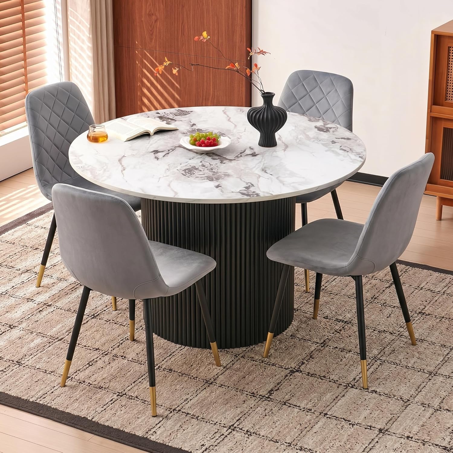 White Round Dining Table Set for 4, Modern Mid Century Wooden Kitchen & Dining Room Table Set, 5 Piece Space Saving (47In Faux Marble Table + 4 Grey Velvet Chairs)