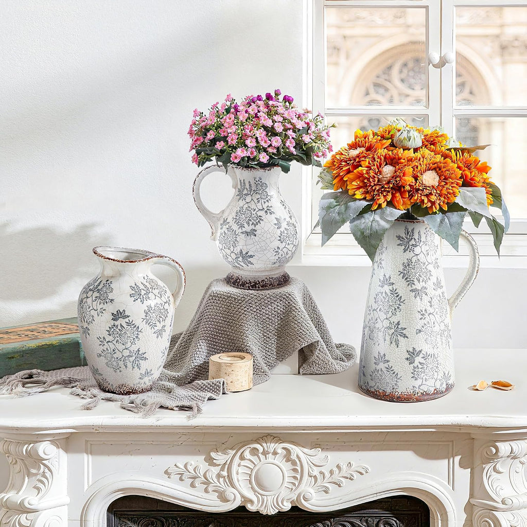Enra 12.2" Blue and White Ceramic Vase with Handle – Handcrafted Large Chinoiserie Pitcher Vase for Fresh Flowers, Tall Decorative Vase for Living Room Focal Point, Bookshelf & Floor Accent