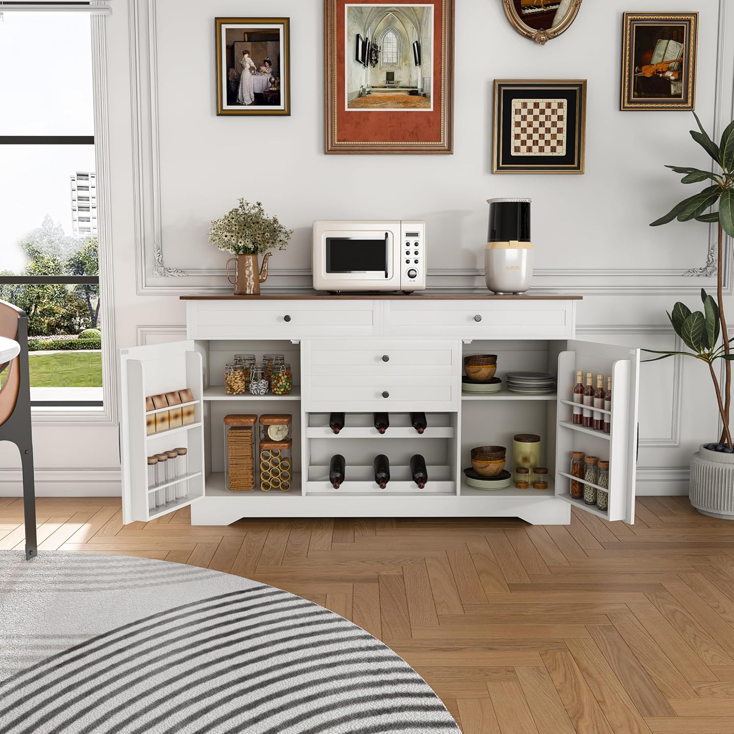 54" Farmhouse Buffet Cabinet with Storage, Sideboard Buffet Cabinet with Drawer, Adjustable Shelves & Wood Grain Top, Kitchen Buffet Storage Cabinet for Dining Room, Living Room, Coffee Bar
