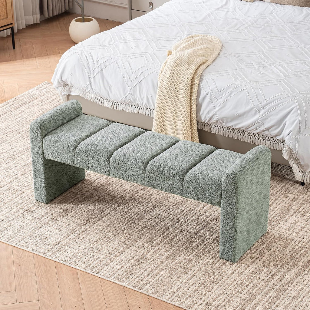 Boucle End of Bed Bench Upholstered Modern Bedroom Bench Channel Tufted Window Bench Comfy Long Ottoman for Living Room/Hallway/Indoor (SAGE, 54" Straight Arm)