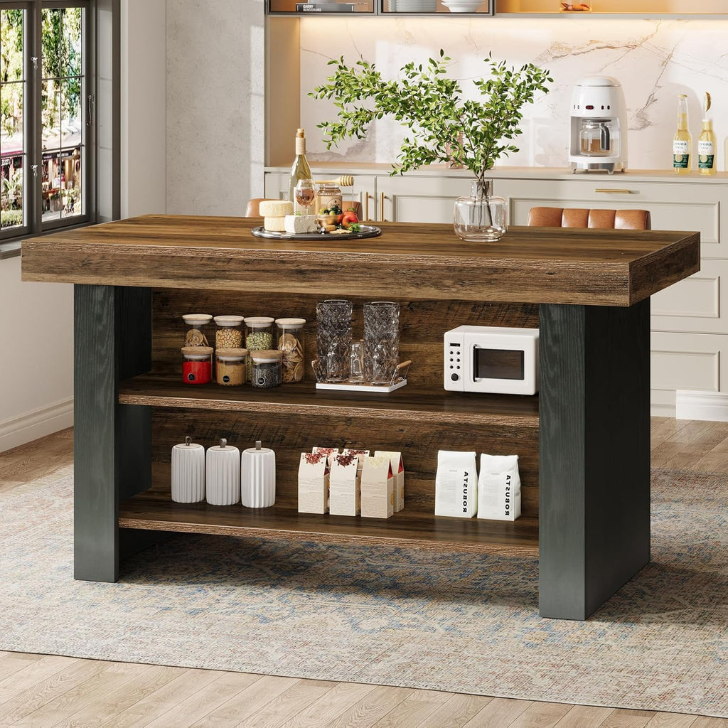 Tribesigns 55-Inch Kitchen Island with Storage, Farmhouse Center Island Table for Kitchen, Dining Room, Living Room, Brown & Black