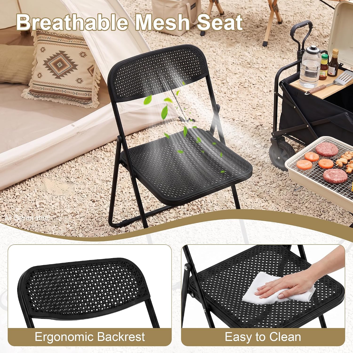 VECELO Plastic Folding Chairs 2 Pack, Metal Frame for Indoor/Outdoor, Black | Breathable Mesh Backrest & Seat, Foldable Portable Chair, No Assembly Required, for Party, Camping, Events