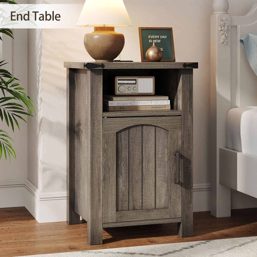 Farmhouse Nightstand with Charging Station, Set of 2 End Table with USB/Type-C Ports and Power Outlets, Rustic Bedside Table with Large Storage and Open Shelf, Modern Side Table for Bedroom, Gray