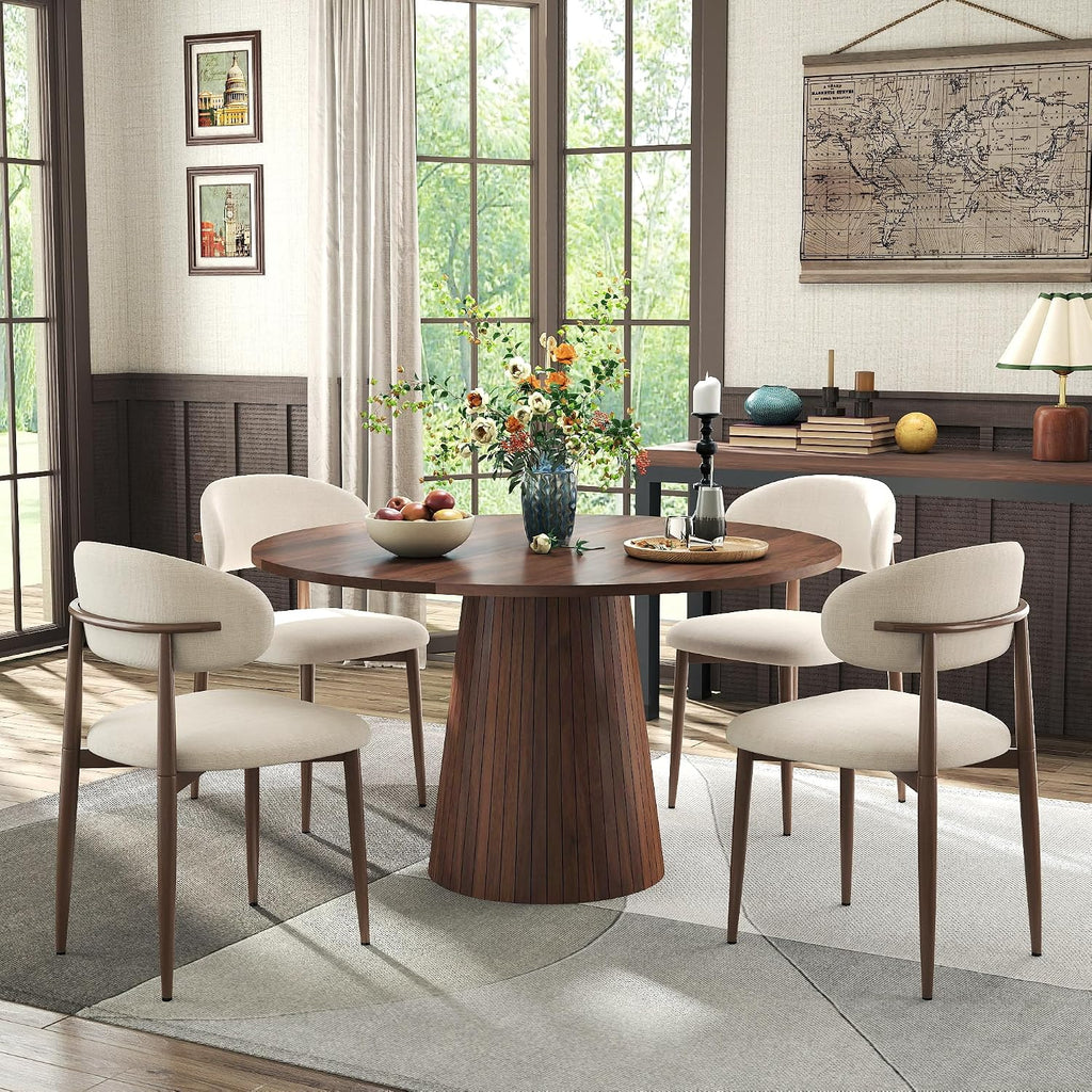 Beige Dining Chairs Set of 2, Modern Upholstered Dining Room Chair with Linen Fabric, Farmhouse Kitchen Side Chairs for Home, Apartment, Restaurant, Walnut Metal Legs(Chair Only)