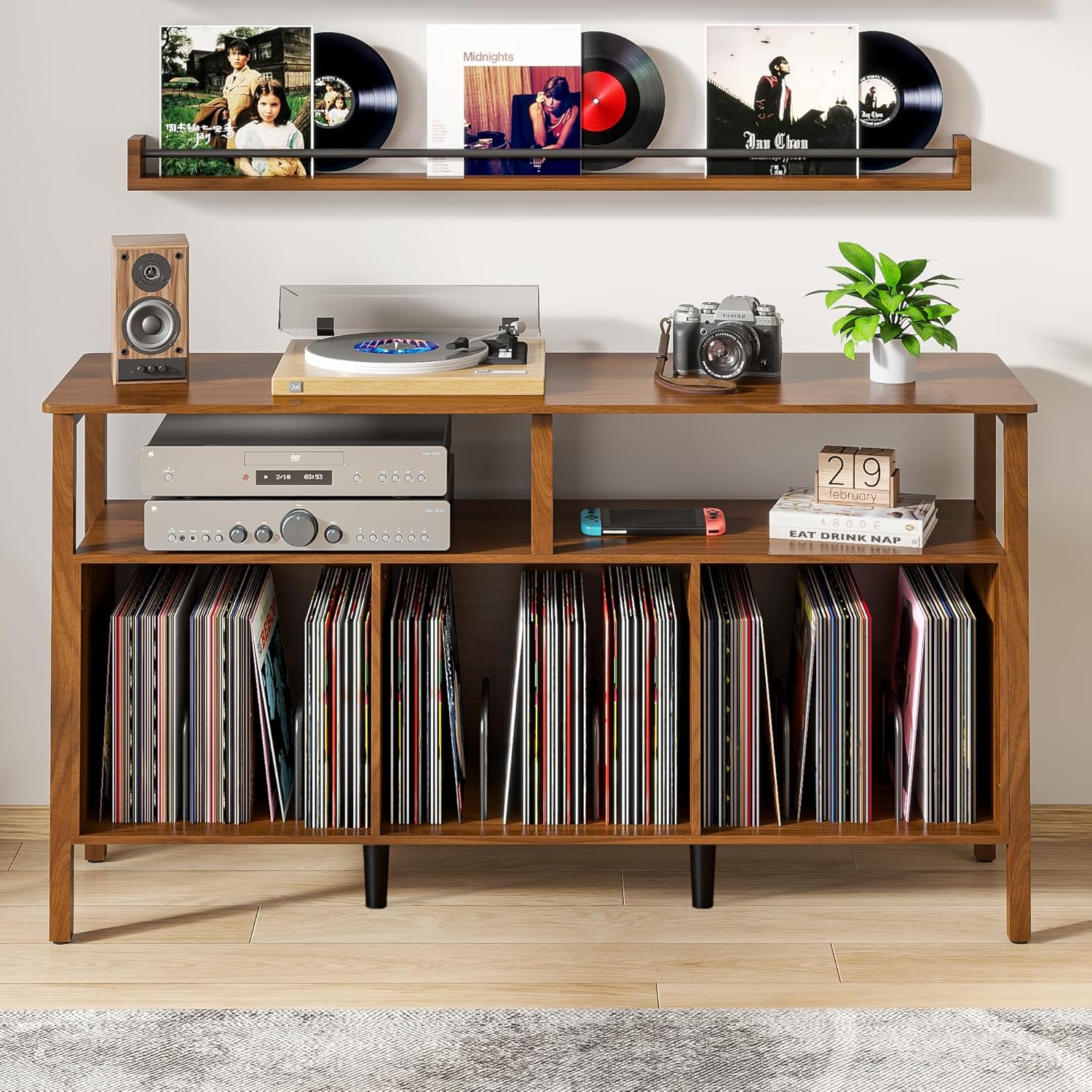 Large Record Player Stand,Mid Century Turntable Stand Table with Open Storage Holds up to 450 Albums,Vinyl Record Storage Display Shelf for Living Room Bedroom (55.12'' Walnut)