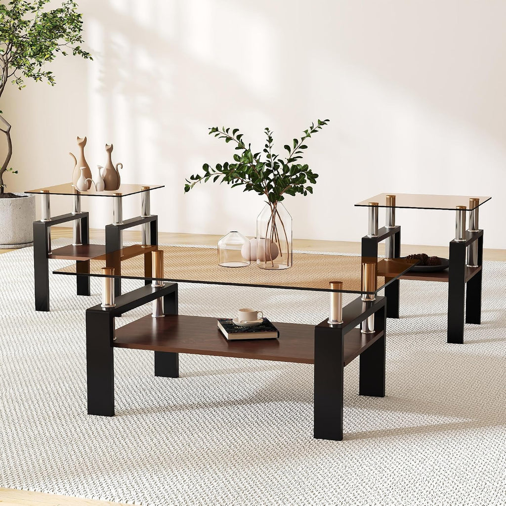 IANIYA 3 Pieces Living Room Table Set, Coffee Table Set of 3 Modern Rectangle Tempered Glass Coffee Table with 2 End Side Tables, 3 Piece Table Sets for Apartment Home Office (3, Brown)