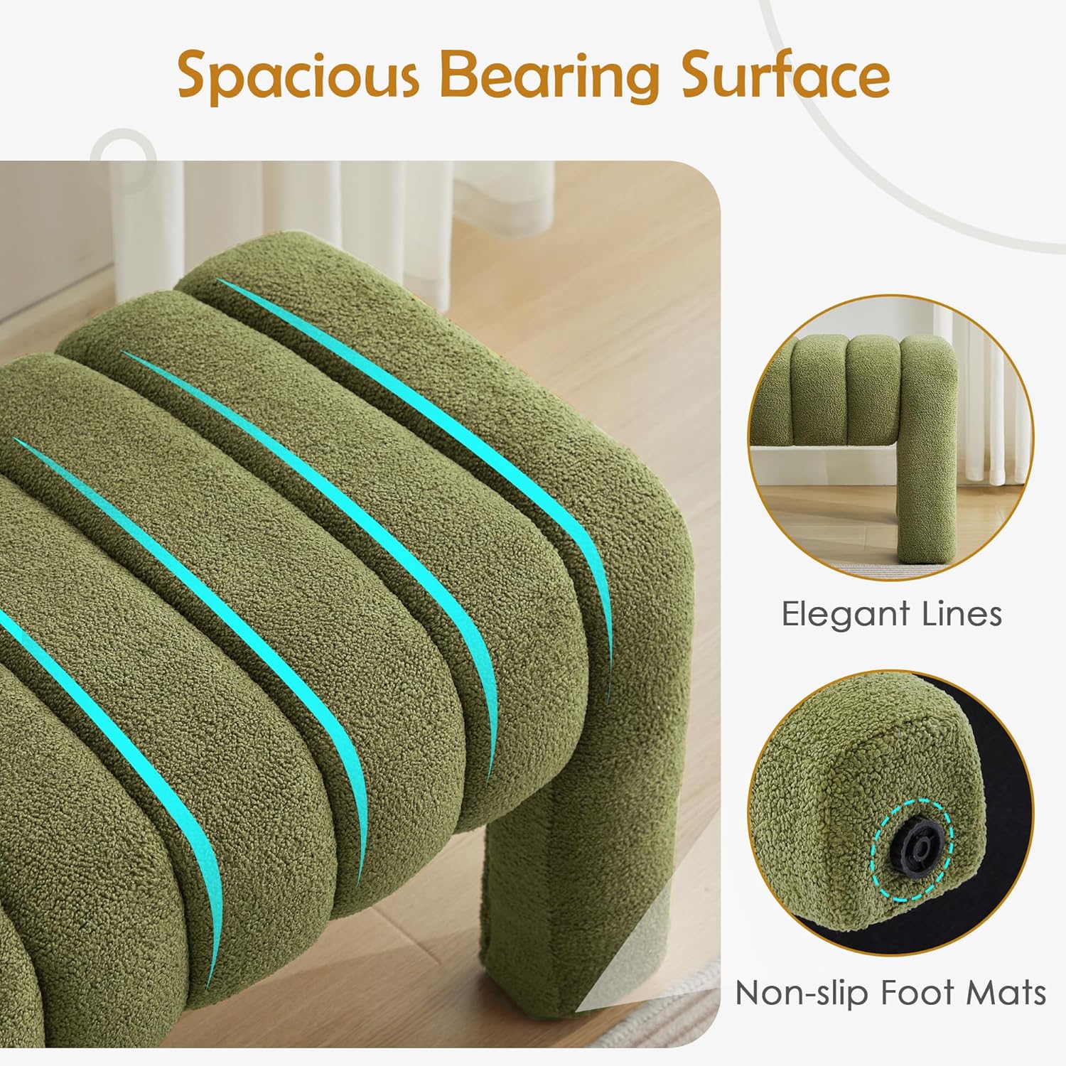43.3" Dining Room Bench, Green Tufted Upholstered End of Bed Bench, Modern Entryway Ottoman Window Seat with Solid Wood Legs and Padded Seat for Bedroom, Hallway and Living Room (Boucle)