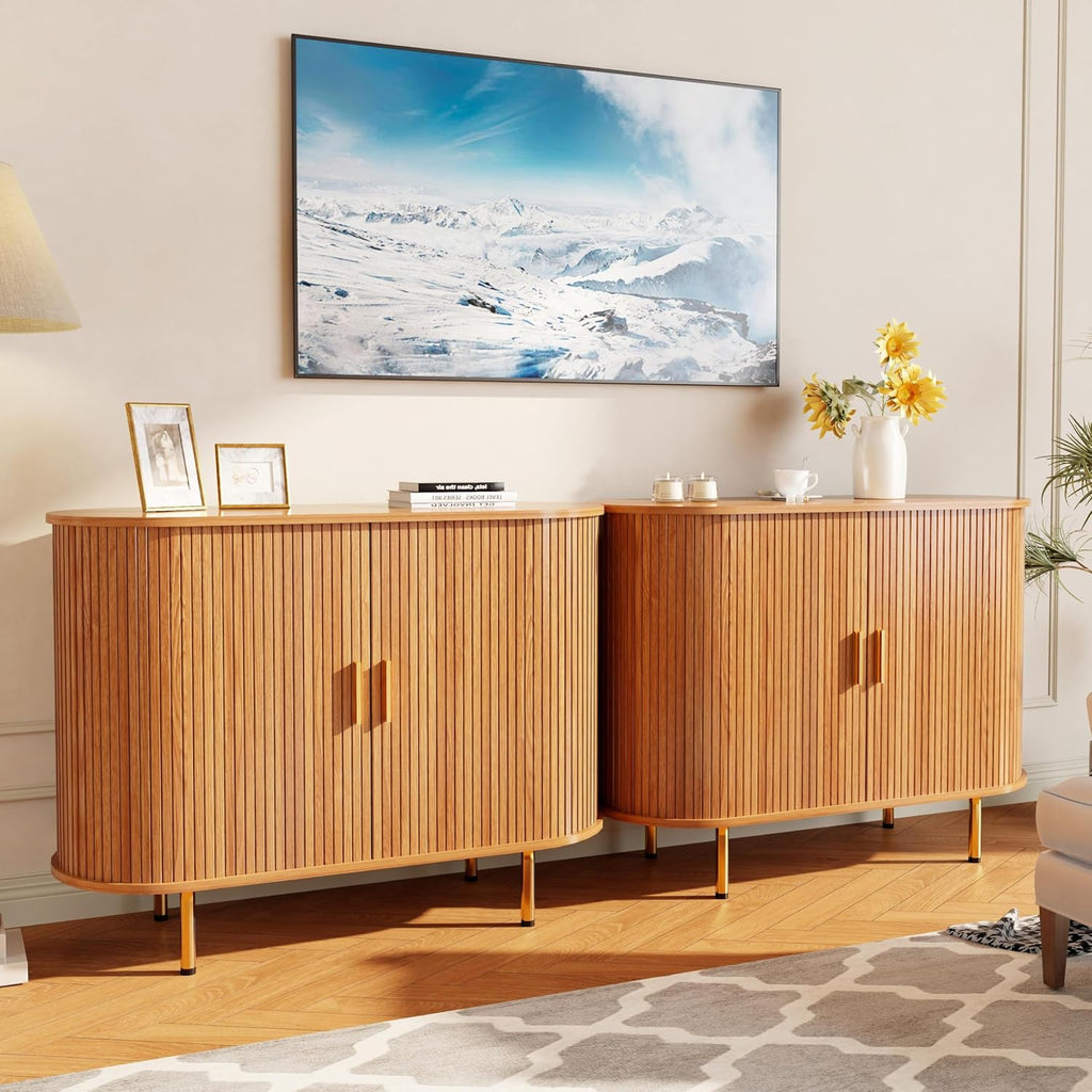 Sideboard Buffet Cabinet with Storage, 40 Inch Mid Century Modern Fluted Credenza with Sliding Door & Adjustable Shelf, Coffee Bar Cabinet for Kitchen, Living Room, Entryway