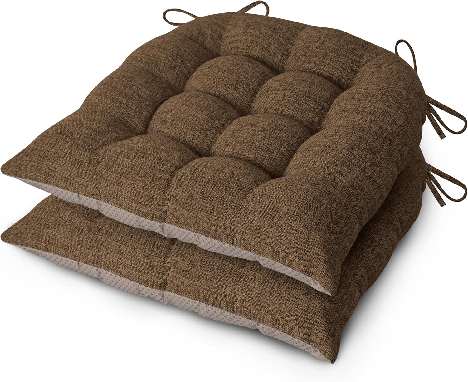 AddGrace Non-Slip Kitchen Chair Cushions Set of 2, D-Shape Dining Chair Pads with Ties, Tufted Seat Cushions for Kitchen and Dining Room, 18 x 16.5 x 3 inch (46 x 42 x 7.6 cm), Brown