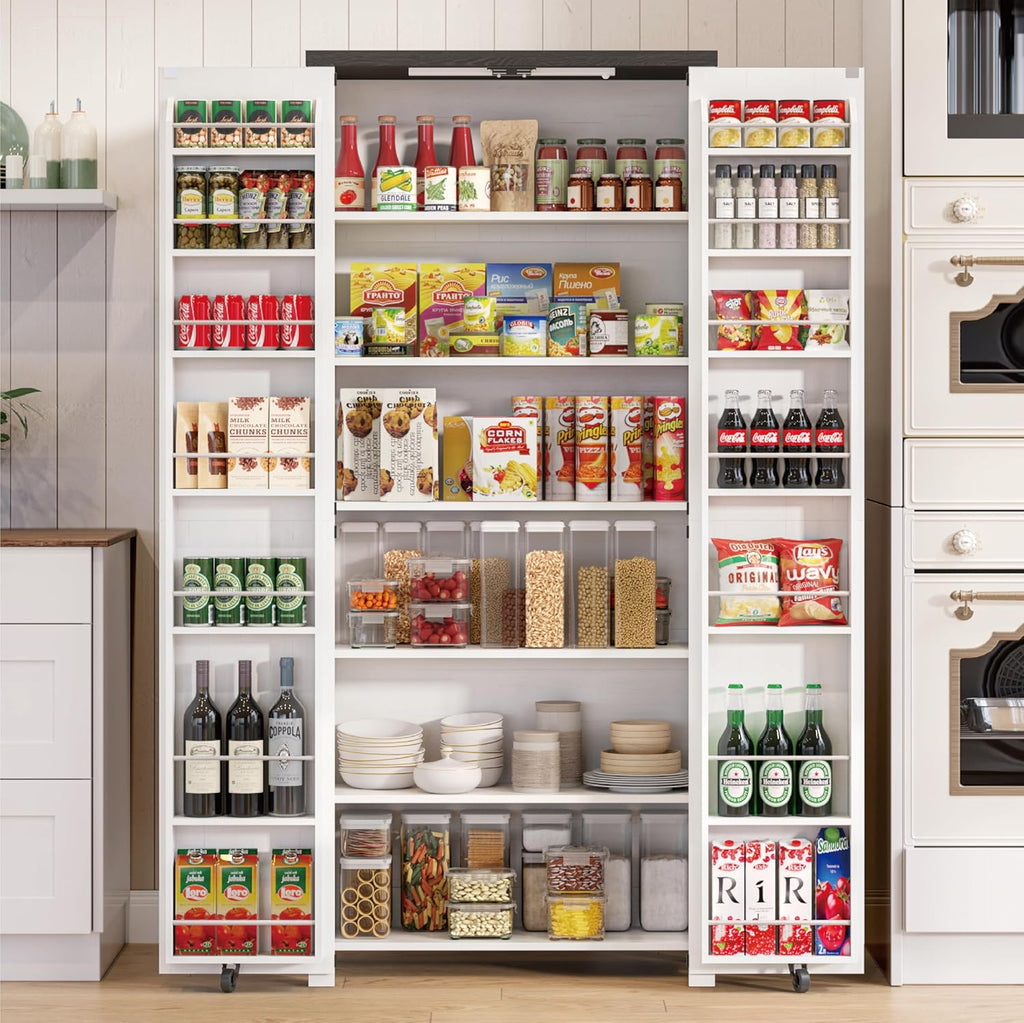 Furnaza Kitchen Pantry Cabinets - 72" Tall Craft Storage Cabinet with LED Lights, Adjustable Shelves Sewing Organizer for Craft Room/Dinning Room or Living Room, in Grian White