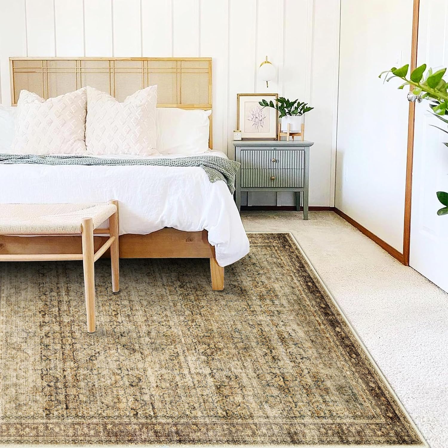 CHAMPLANT Area Rug 8x10 Washable Rug Brown Vintage Traditional Mat Distressed Indoor Foldable Thin Retro Accent Floral Non Slip Carpet Living Room Dining Room Office