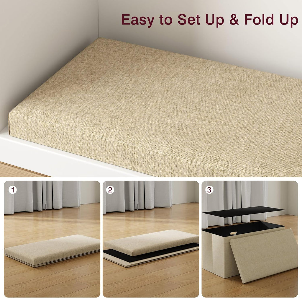 VECELO 30'' Folding Storage Ottoman Bench, End of Bed Linen Fabric Foot Rest Stool with Padded Seat, Large Footstools for Bedroom, Living Room, Load 500 lb, Khaki