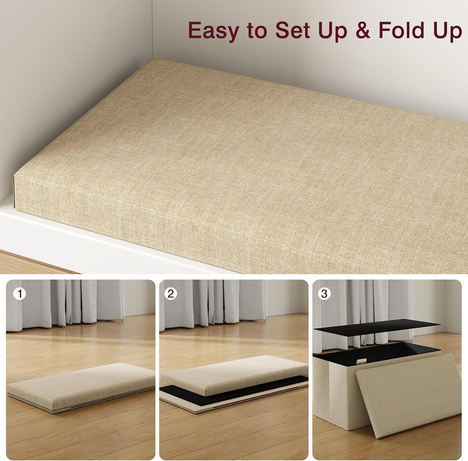 VECELO 30'' Folding Storage Ottoman Bench, End of Bed Linen Fabric Foot Rest Stool with Padded Seat, Large Footstools for Bedroom, Living Room, Load 500 lb, Khaki