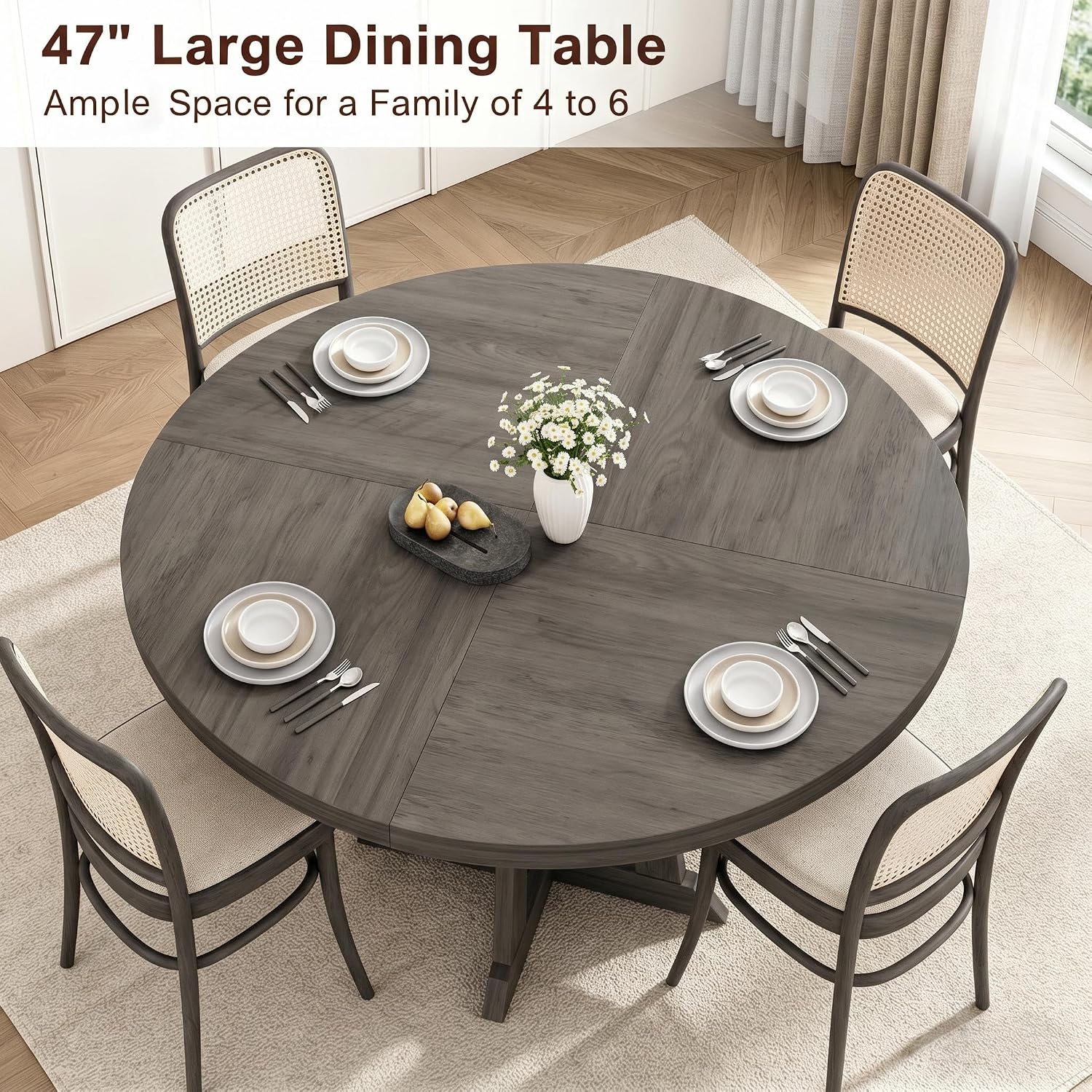 IDEALHOUSE Round Dining Table for 4, 47 Inches Dining Room Table with Wooden Base, Kitchen Table with Circle Tabletop, Dinner Table for Dining Room, Kitchen, Living Room, Grey