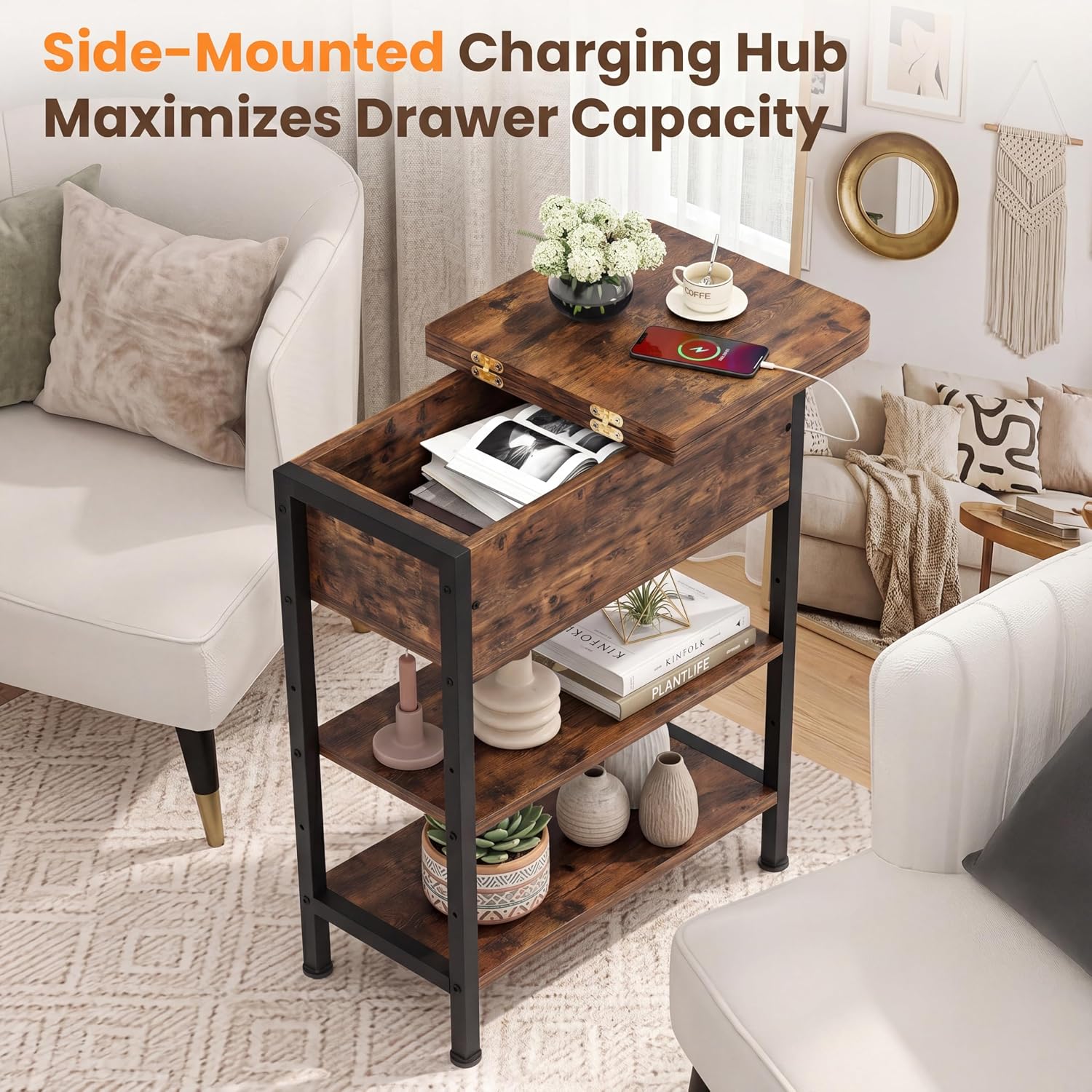 GRUSIGN End Table with Charging Station, Flip Top Side Table with USB Ports and Outlets, 3-Tier Small Side Table with Storage for Small Space, End Tables for Living Room/Bedroom, Black