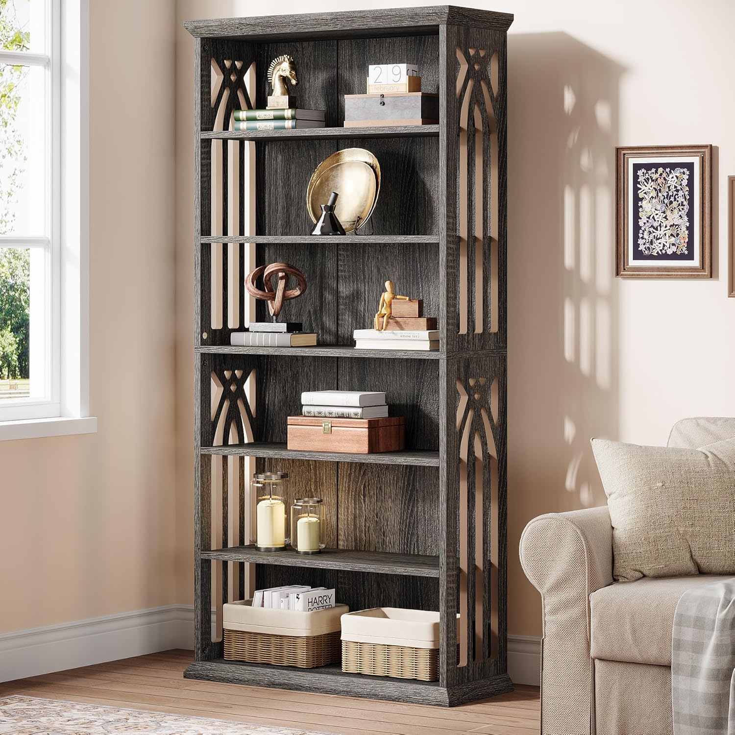 Tribesigns 6-Tier Gray Bookshelf, 75-Inch Tall Bookcase, Large Bookshelves and Bookcases Freestanding Display Shelves, Wood Book Shelf for Living Room, Home Office, Bedroom, Gray