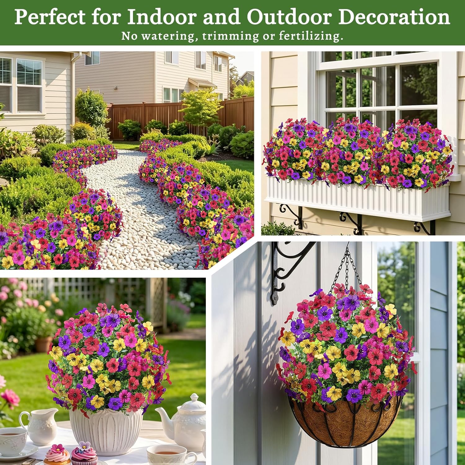 Artificial Outdoor Flowers with Stake, 2 Pack 22" UV Resistant Violet Faux Flower Balls, Realistic Artificial Flowers for Outdoor Porch Garden Yard Indoor Home Decor (Red Rose Purple Yellow)
