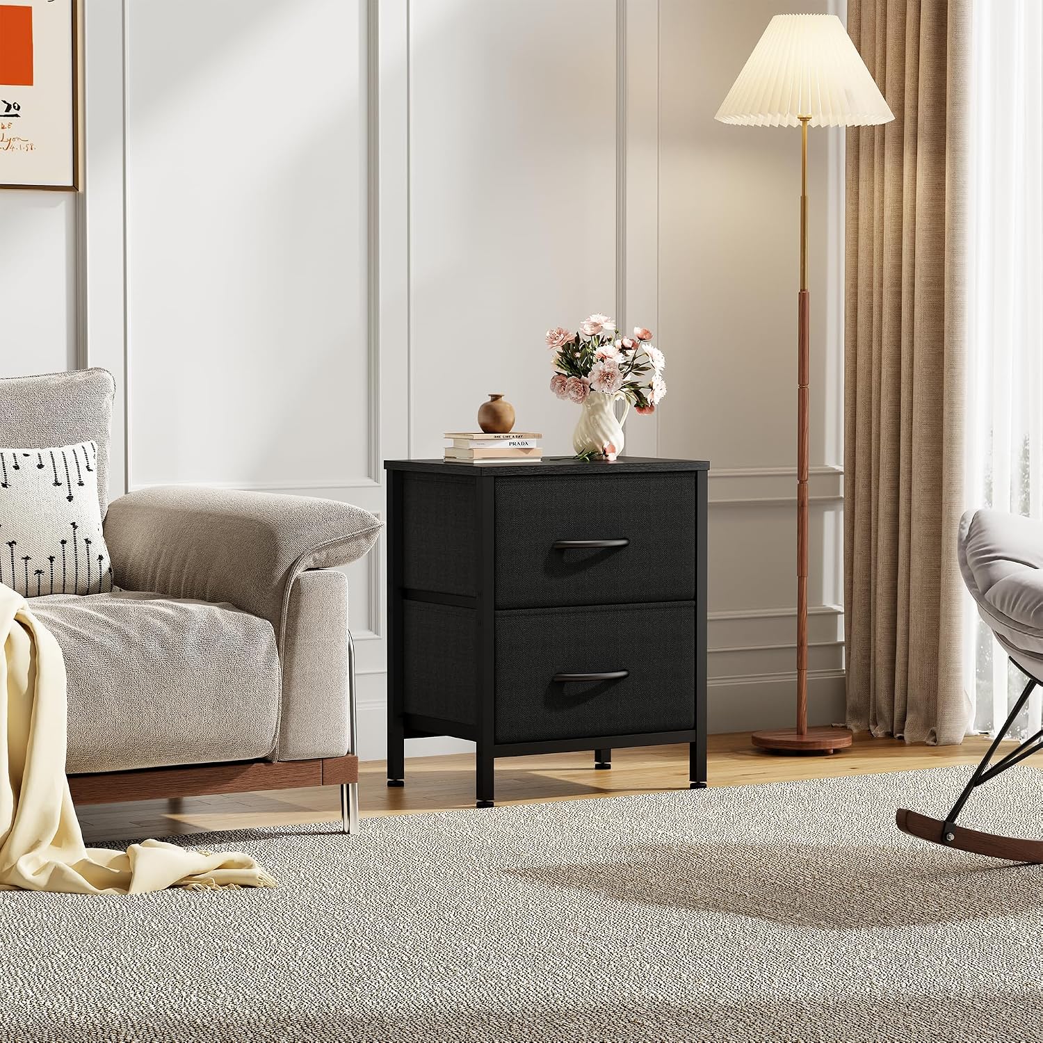 Sweetcrispy Nightstands Set of 2 with 2 Storage Drawer, Small Bedside Table | Small Dresser with Sturdy Wooden Top for Daily Essential, Compact Nightstand for Bedroom and Small Spaces, Black 2PC
