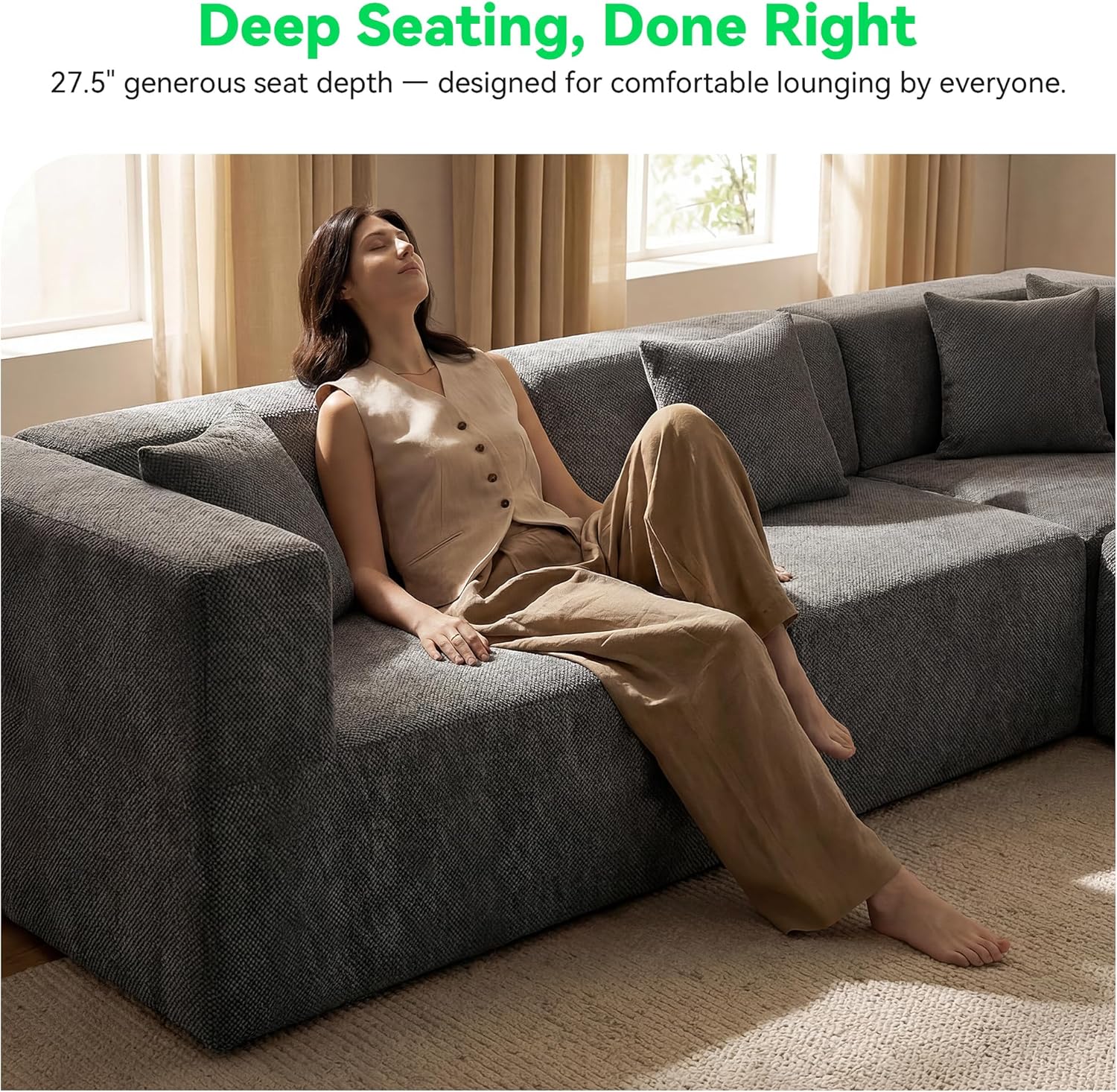 MONVANE 130'' Oversized Boneless Sectional Couches for Living Room, 6-Seat U Shaped Cloud Couch, Modular Sofa with Ottoman & 6 Throw Pillows, Comfy Chenille, No Assembly Required, Black