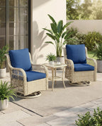 GarveeHome 3 Piece Outdoor Swivel Chair Set with Washable Cushions, 360 Degree Rotating Patio Armchairs, Iron Frame with Rattan Weaving, Compact Seating for Balcony Deck Garden, 4 Color Options