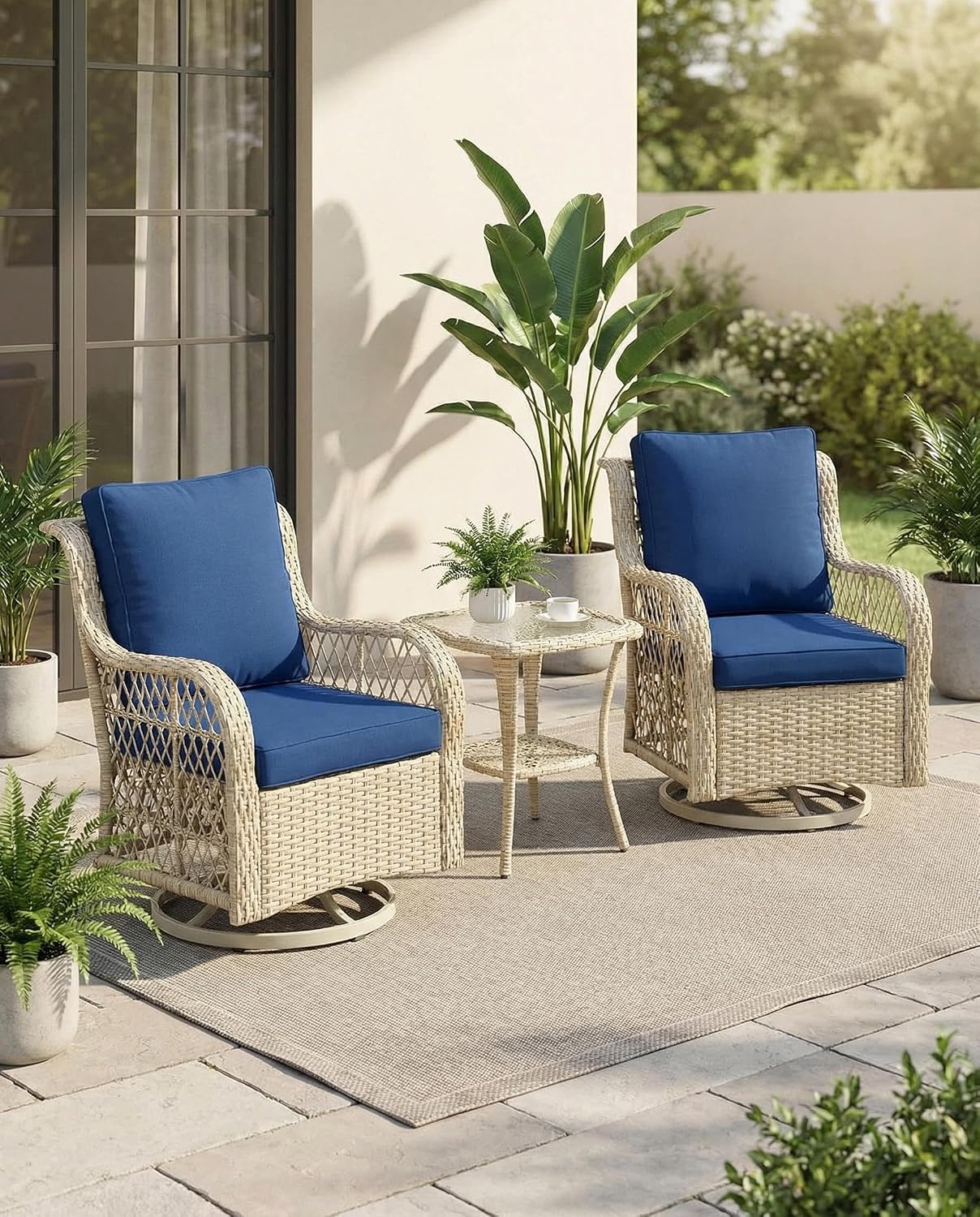 GarveeHome 3 Piece Outdoor Swivel Chair Set with Washable Cushions, 360 Degree Rotating Patio Armchairs, Iron Frame with Rattan Weaving, Compact Seating for Balcony Deck Garden, 4 Color Options