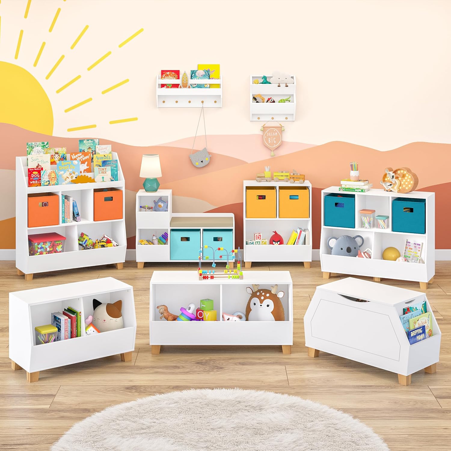 RiverRidge Kids Catch-All Toy Storage Organizer Bench with Cubbies & Toy Bins for Playroom - Cubby Organizer