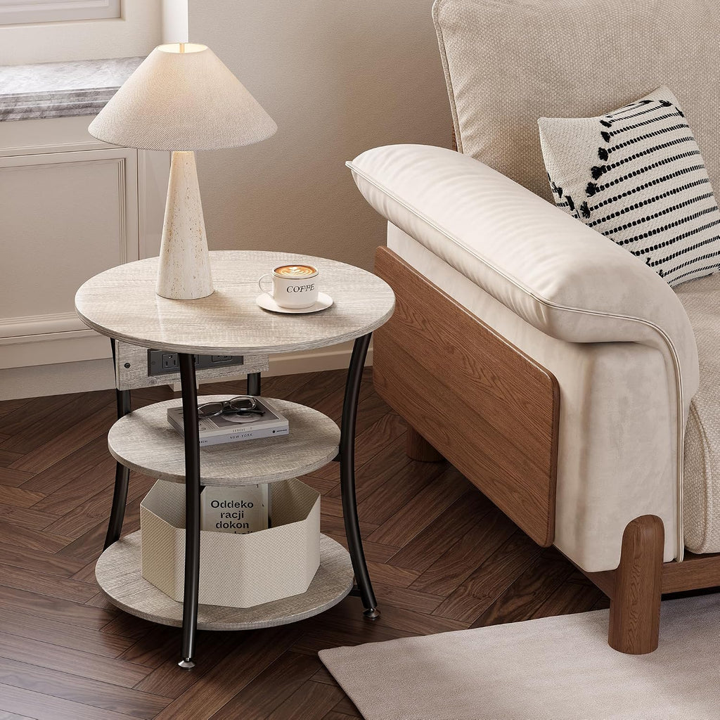 Side Table with Charging Station, End Nightstand with USB Ports and Outlet，3-Tier End Tables Living Room，for Living Room, Bedroom, Corners, and Office (Grey)