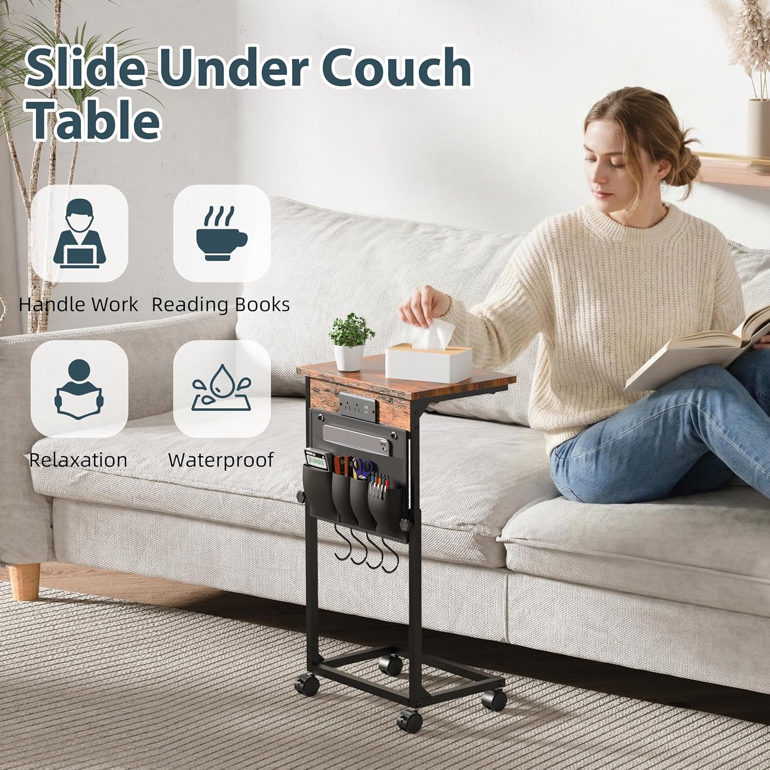 Adjustable Height Couch Table with USB-C Charging Station & Pocket Storage – Compact Couch Stand with Hooks & Wheels for Small Spaces & Living Room, Adjustable C Table (Rustic Brown)