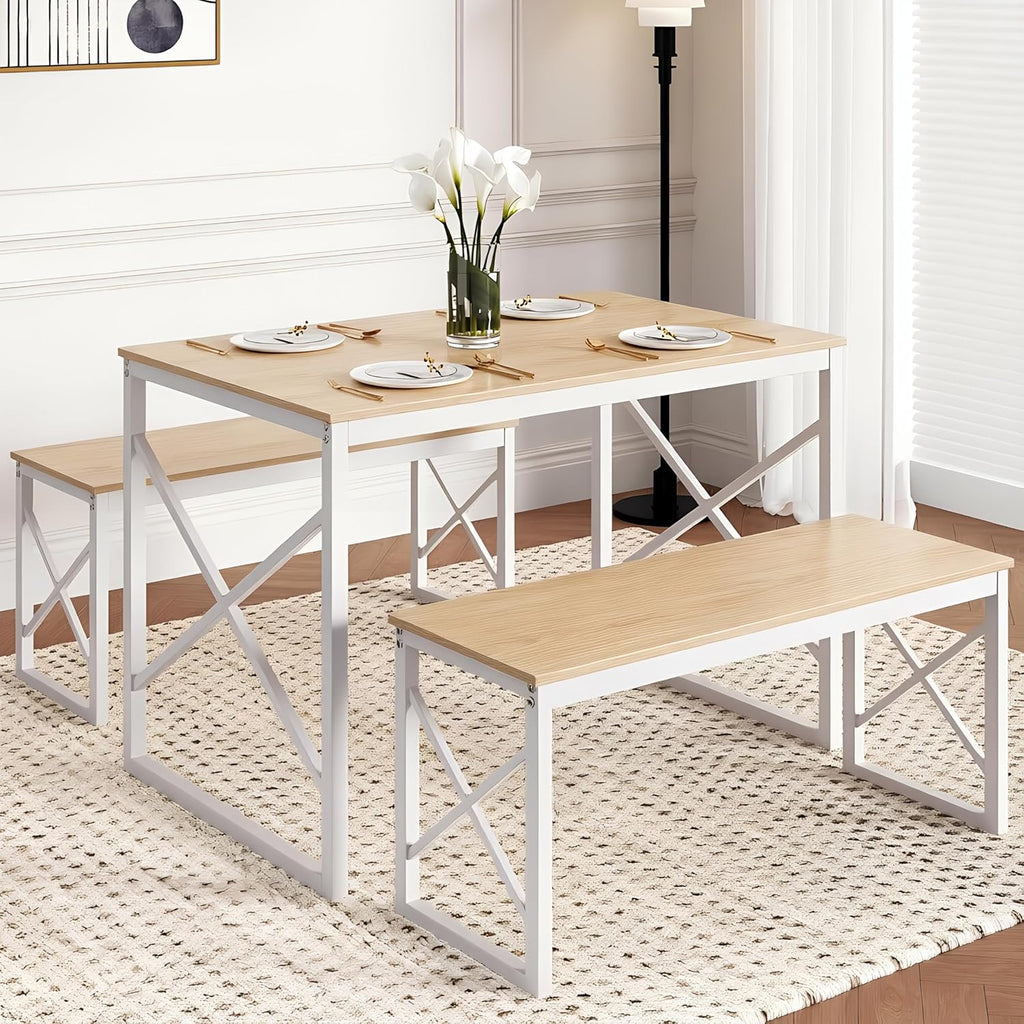 VECELO 43.3" Kitchen Dining Table Set for 4, Heavy-Duty Steel Frame & Wood-Grain Tabletop, Space-Saving Dinette Sets with 2 Benches for Breakfast Nook and Small Space, Natural