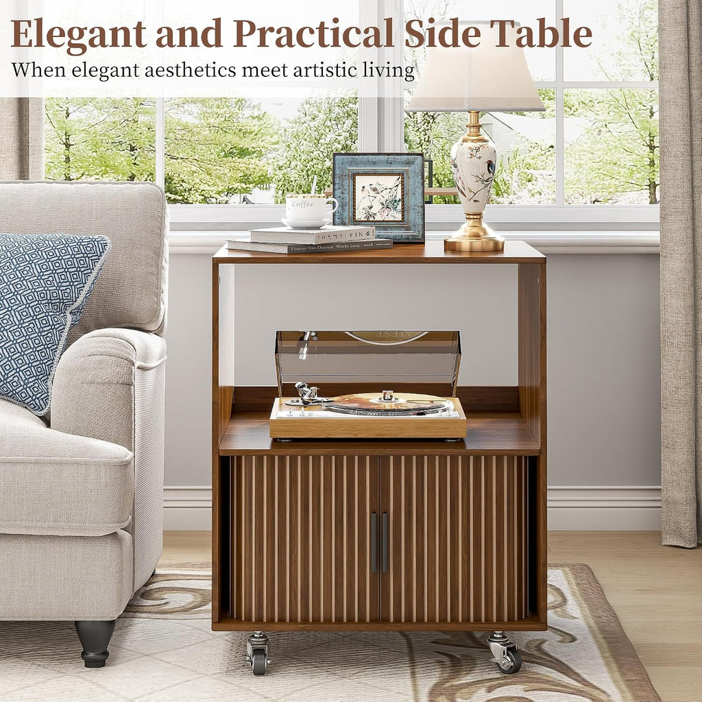 Side Table with Storage, Small End Tables with Sliding Door, Rolling Night Stand with Wheels, Mid Century Modern Bedside for Living Room, Bedroom, Small Space (Walnut)