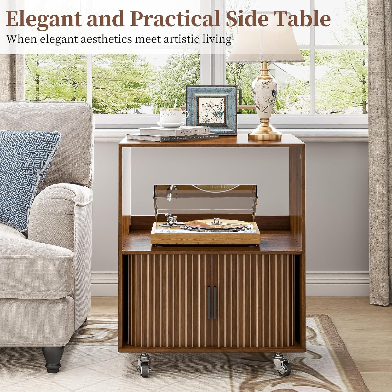 Side Table with Storage, Small End Tables with Sliding Door, Rolling Night Stand with Wheels, Mid Century Modern Bedside for Living Room, Bedroom, Small Space (Walnut)
