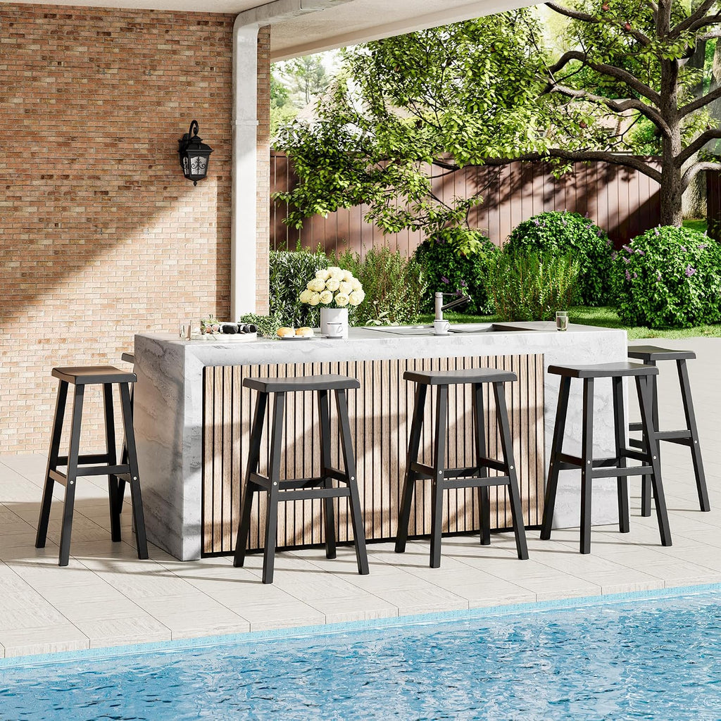 KAMABOKO 4 Set 29" HDPE Bar Stools Set Outdoor, Durable Resin Bar Chairs with Footrest, Weatherproof & Ergonomic Barstools for Patio, Deck & Poolside, Black