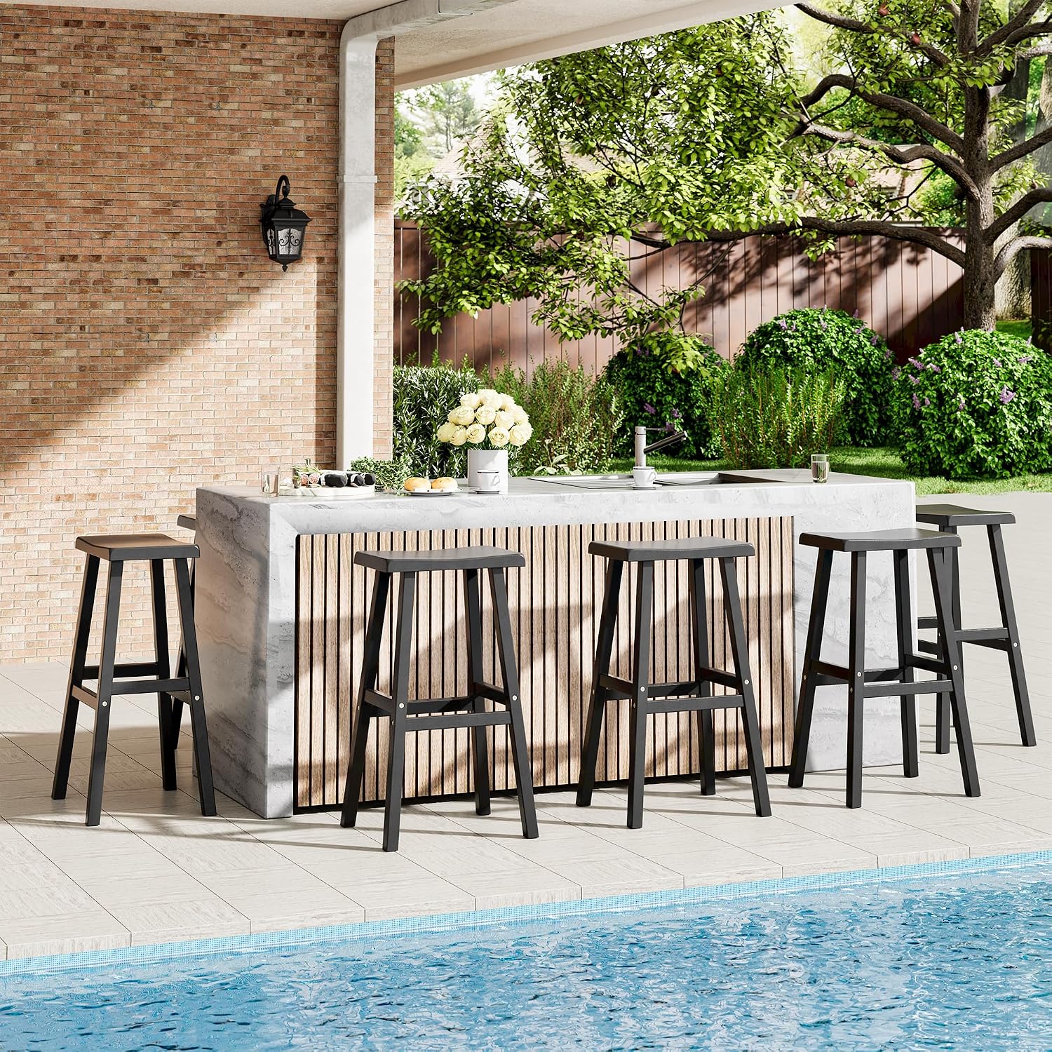 KAMABOKO 4 Set 29" HDPE Bar Stools Set Outdoor, Durable Resin Bar Chairs with Footrest, Weatherproof & Ergonomic Barstools for Patio, Deck & Poolside, Black