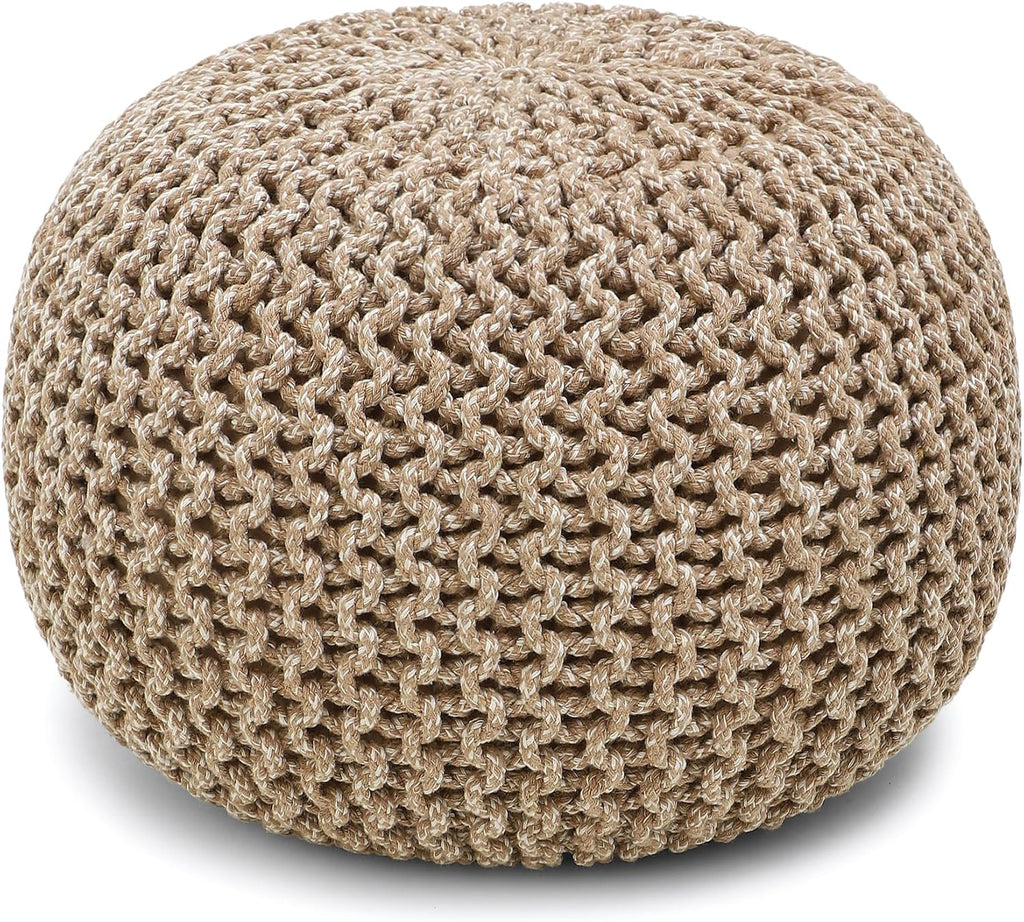 · REDEARTH · Round Pouf Ottoman - Hand Knitted Boho Poof - Beige Ivory | 100% Cotton, 18"x18"x14"; Doubles as Footstool, Foot Rest; Great for Living Room, Bedroom, Nursery, Patio, Dorm, Lounge