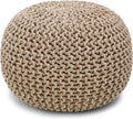 · REDEARTH · Round Pouf Ottoman - Hand Knitted Boho Poof - Beige Ivory | 100% Cotton, 18"x18"x14"; Doubles as Footstool, Foot Rest; Great for Living Room, Bedroom, Nursery, Patio, Dorm, Lounge