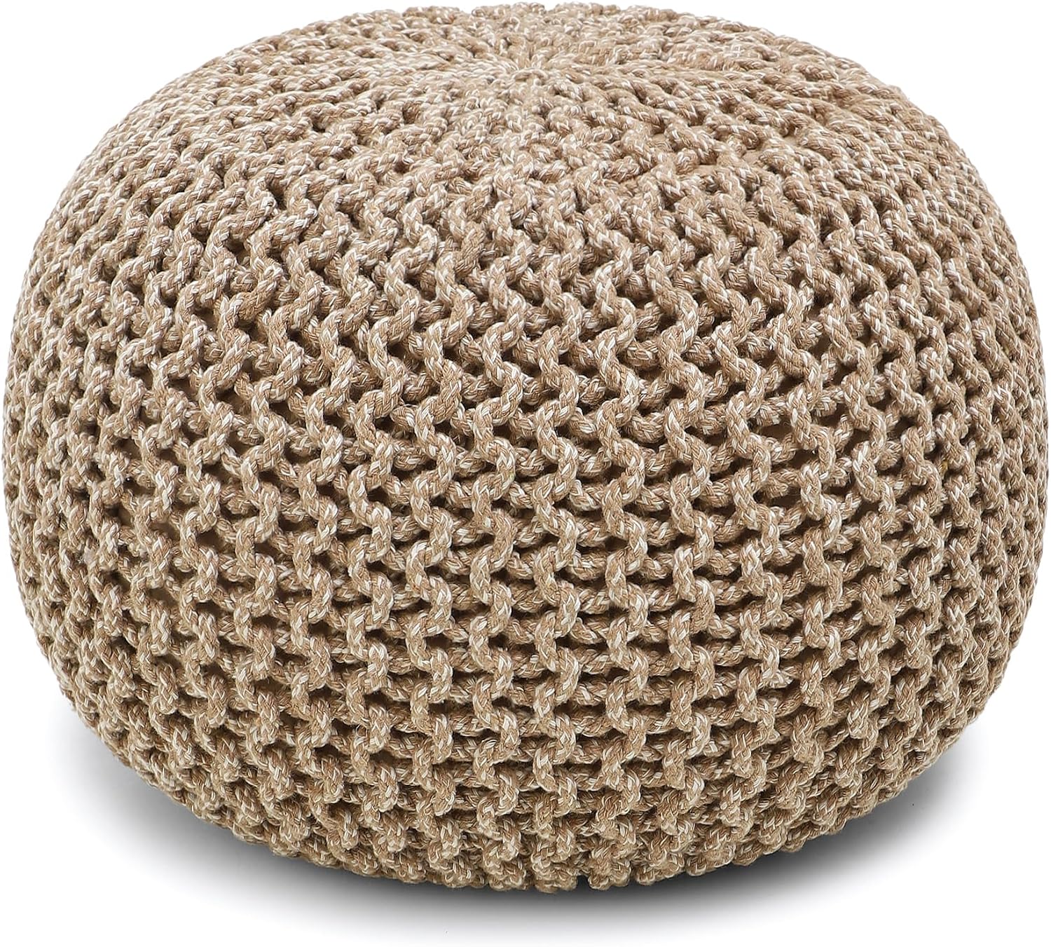 · REDEARTH · Round Pouf Ottoman - Hand Knitted Boho Poof - Beige Ivory | 100% Cotton, 18"x18"x14"; Doubles as Footstool, Foot Rest; Great for Living Room, Bedroom, Nursery, Patio, Dorm, Lounge