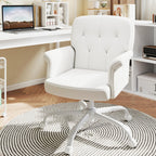 Comfy Home Office Desk Chair, Upholstered Fuzzy Vanity Chair with Wheels and Arms, Modern Adjustable Swivel Computer Seat for Make Up, Home Office, Living Room, Bedroom, Teddy Fleece, White
