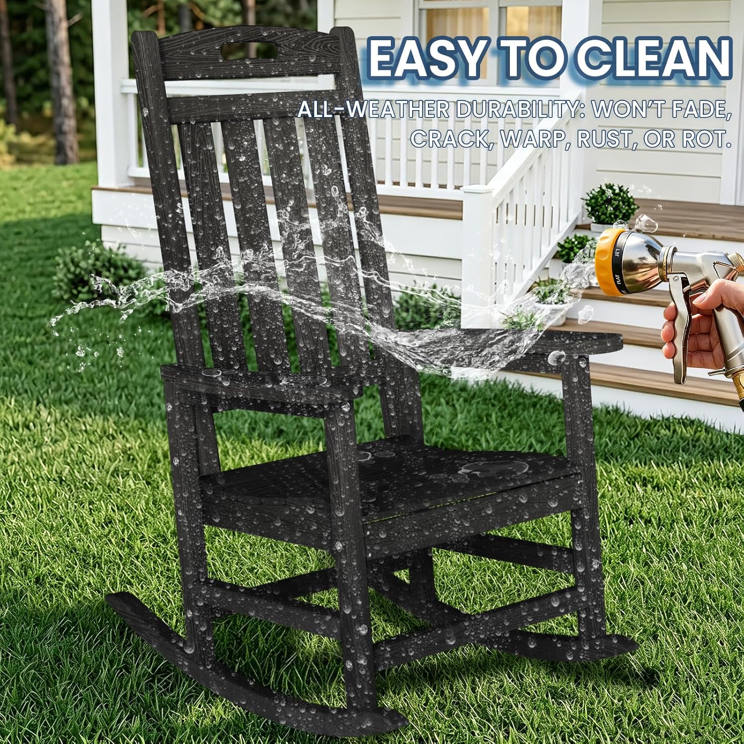 Outdoor Rocking Chair, High Back HDPE Patio Chair, All Weather Rocker Porch Chair, Lawn Chair for Deck, Porch, Backyard, Garden and Indoor, Black