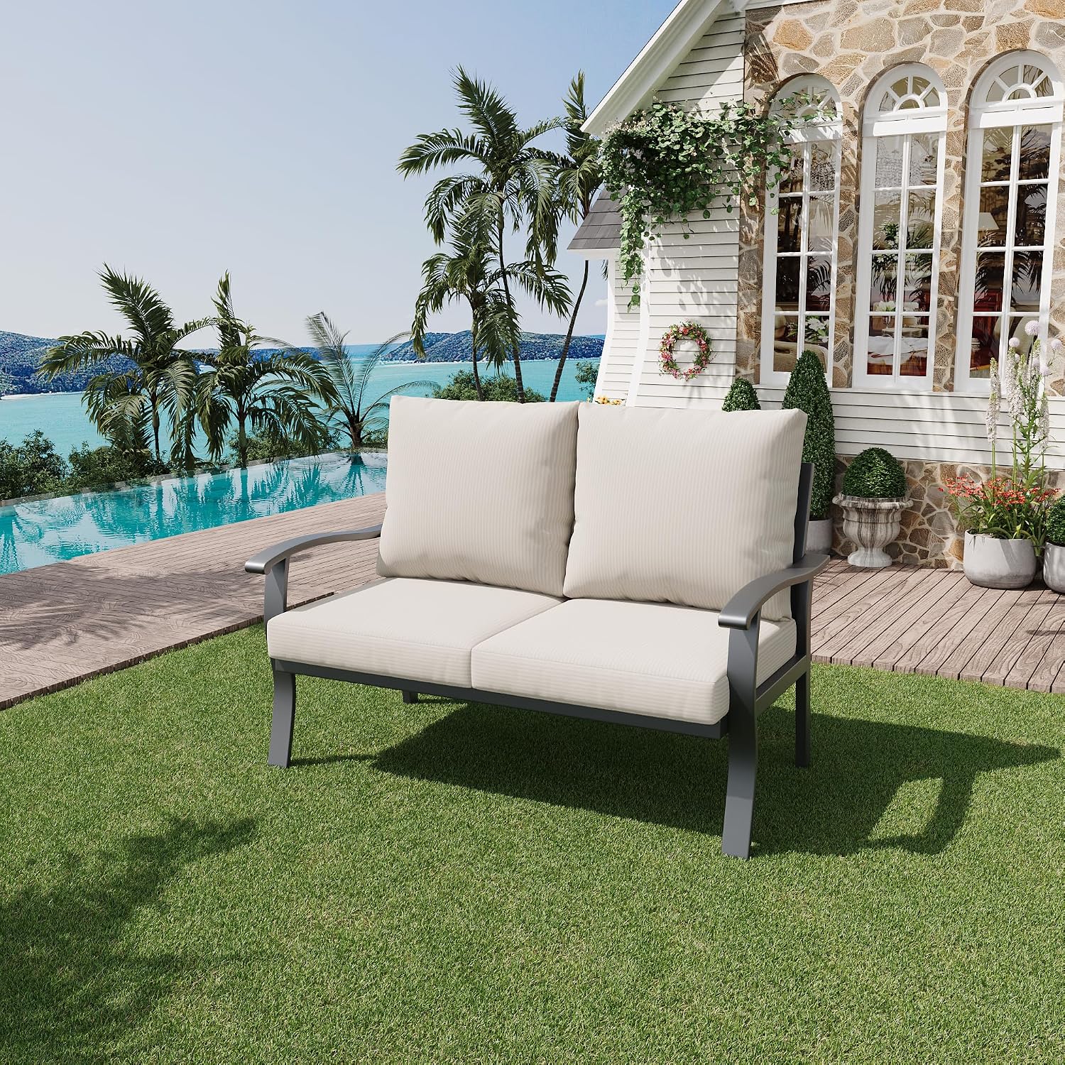 HOMREST Outdoor Loveseat Aluminum Patio Furniture Sofa, All-Weather Metal Outdoor Couch with Cushions, Beige