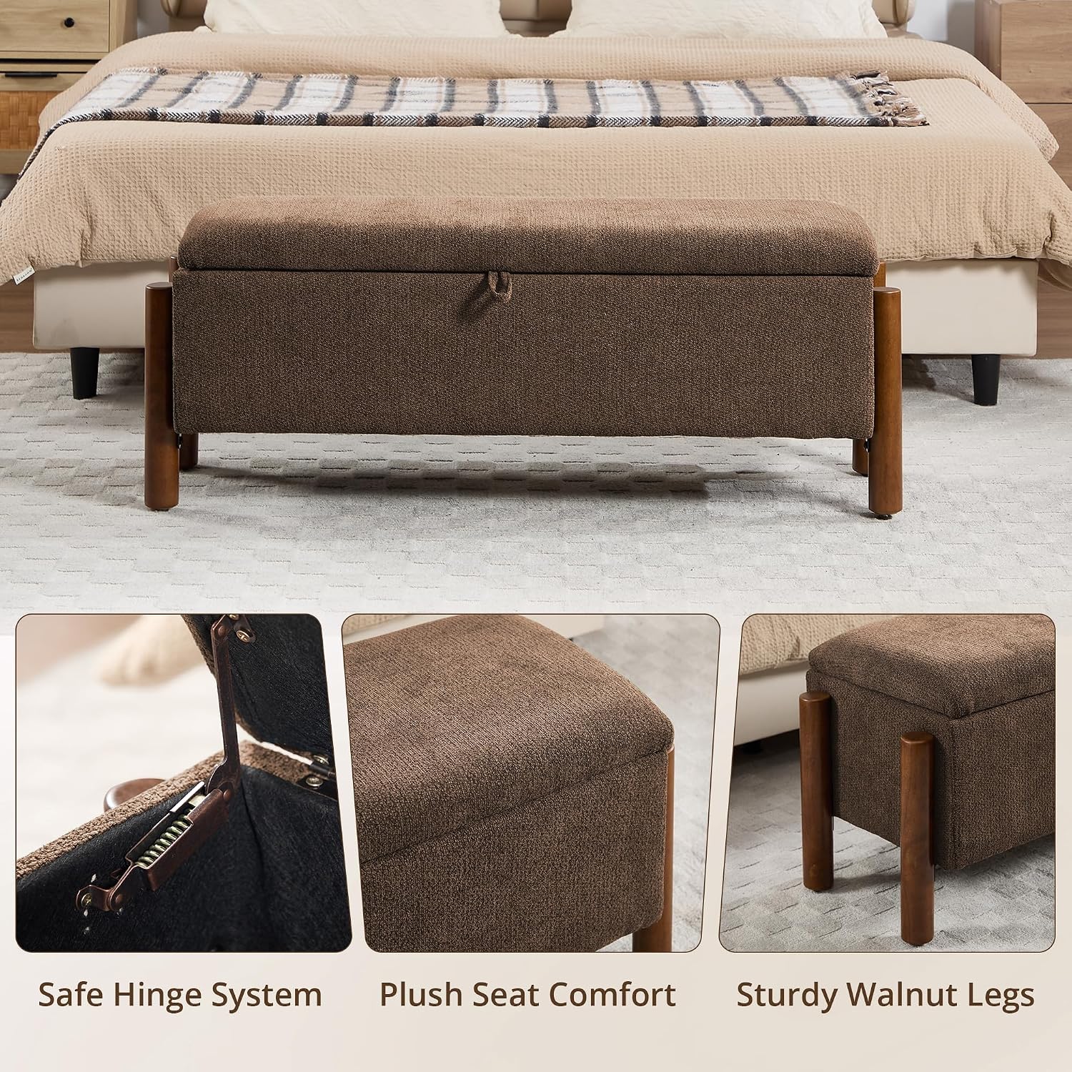 47'' Modern Storage Ottoman Benches with Walnut Wood Legs Ottoman Bench with 22 Gallons Storage Space Fabric Upholstered Seating End of Bed Bench for Bedroom for Livingroom Brown