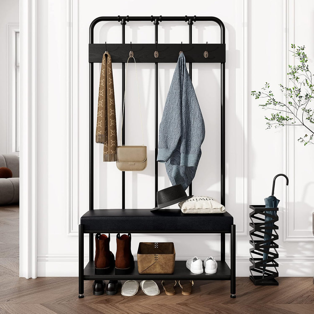 Allewie Coat Rack Shoe Bench, 75" Freestanding Hall Tree, Entryway Bench with Storage Shelves, Upholstered Sponge-Padded Seat, Organized with 5 Hooks, Industrial Furniture, Easy Assembly, Black