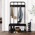 Allewie Coat Rack Shoe Bench, 75" Freestanding Hall Tree, Entryway Bench with Storage Shelves, Upholstered Sponge-Padded Seat, Organized with 5 Hooks, Industrial Furniture, Easy Assembly, Black