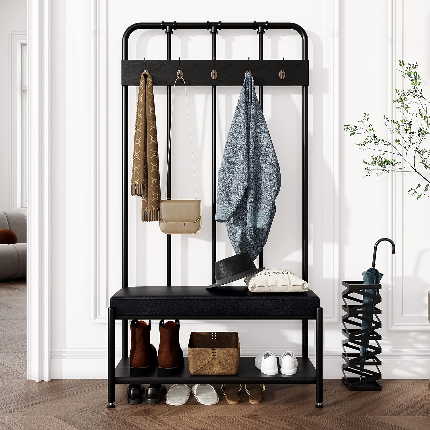 Allewie Coat Rack Shoe Bench, 75" Freestanding Hall Tree, Entryway Bench with Storage Shelves, Upholstered Sponge-Padded Seat, Organized with 5 Hooks, Industrial Furniture, Easy Assembly, Black