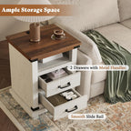 AMERLIFE Farmhouse End Table Set of 2, 18" Wood Nightstands with Charging Station and 2 Drawers, Heavy Duty Bedside Tables for Bedroom or Living Room, Antique White